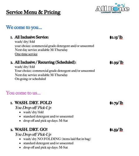 Service menu & pricing